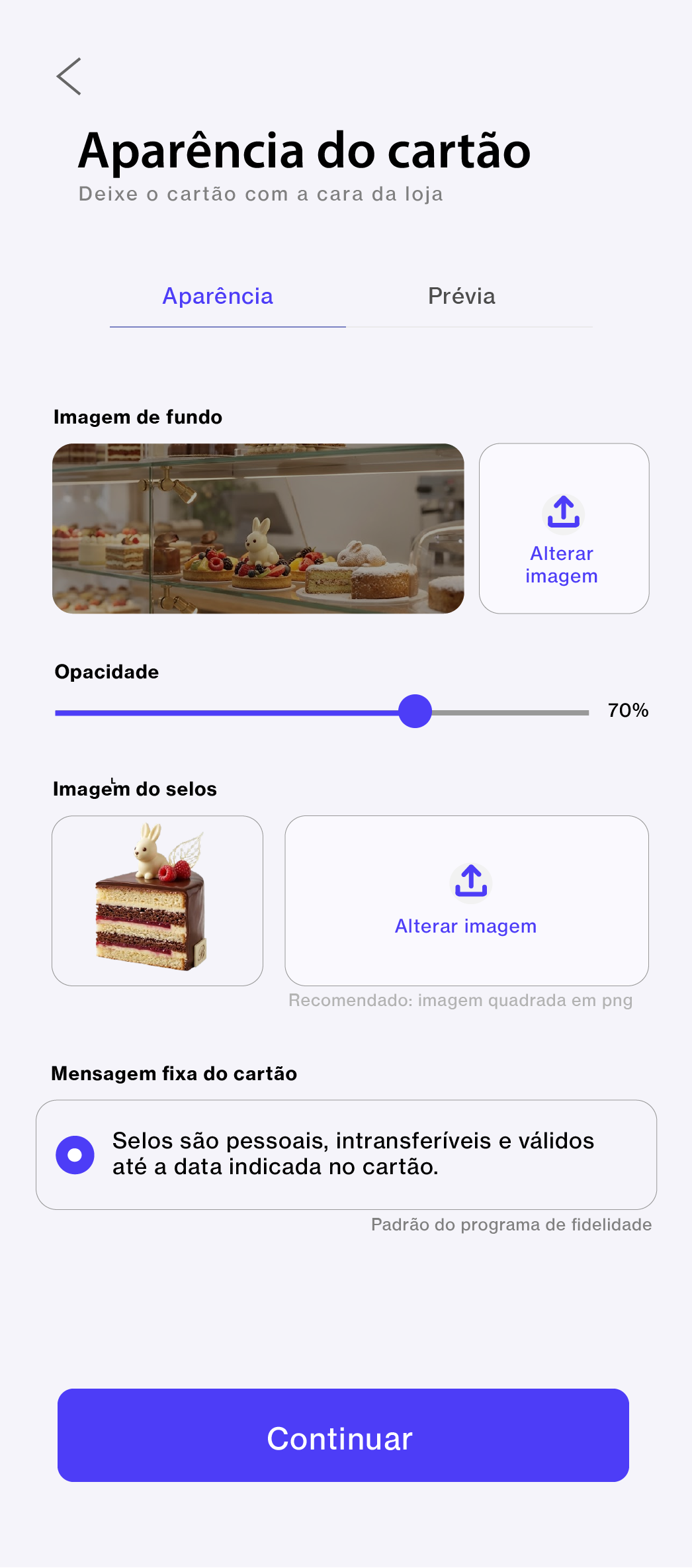 Tela de aparência do cartão no MINUS Parceiros
